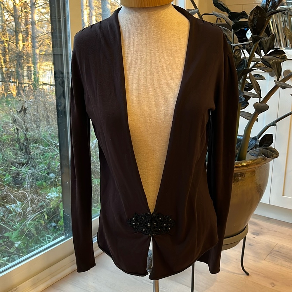 VGUC Nougat London dark brown long sleeve cardigan with beaded hook & eye close